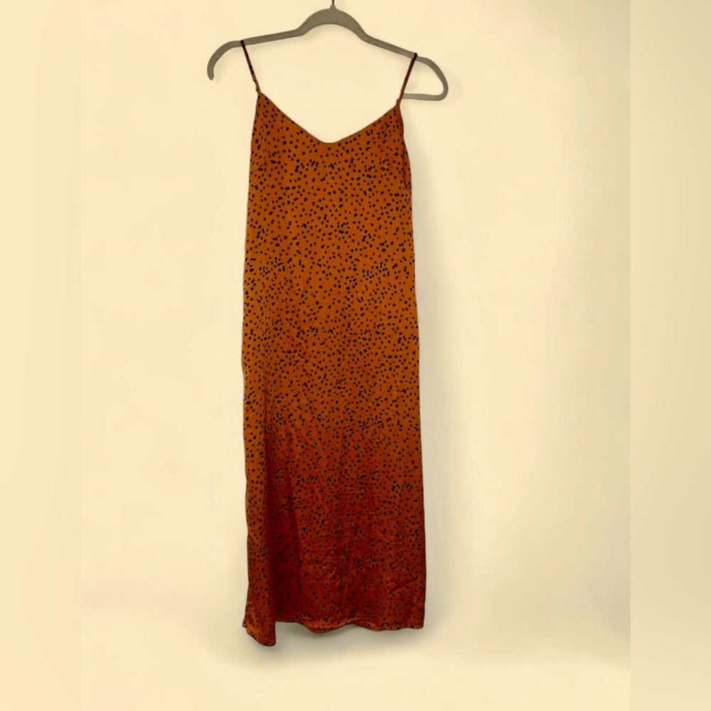 Copper and Black Spotted Slip Dress Women’s Size Small Spaghetti Strap Midi